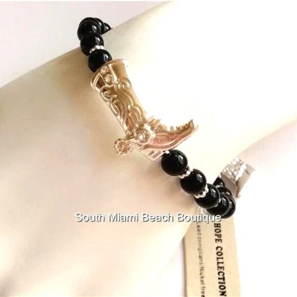 Country Western Cowboy Boot Charm Bracelet Silver Plated Black Cowgirl Stretch - Picture 4 of 9
